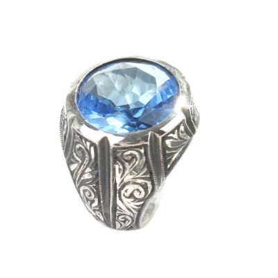 925 Sterling Silver Hand Carved Men Ring with Aquamarine - 7