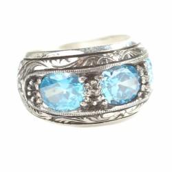 925 Sterling Silver Hand-carved Men Ring with Aquamarine - 1