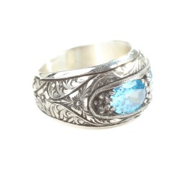 925 Sterling Silver Hand-carved Men Ring with Aquamarine - 2