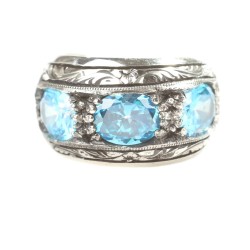 925 Sterling Silver Hand-carved Men Ring with Aquamarine - 3