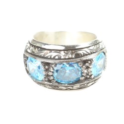 925 Sterling Silver Hand-carved Men Ring with Aquamarine - 4