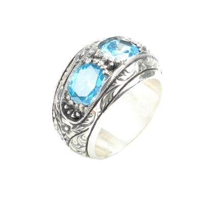 925 Sterling Silver Hand-carved Men Ring with Aquamarine - 5