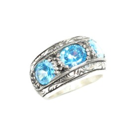 925 Sterling Silver Hand-carved Men Ring with Aquamarine - 6