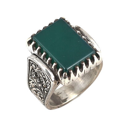 925 Sterling Silver Hand carved Men Ring with Green Agate - 2