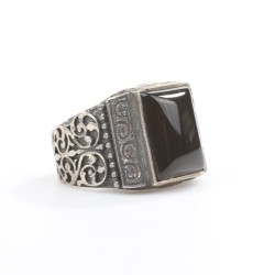925 Sterling Silver Hand Carved Men's Ring with Onyx - 2