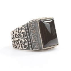 925 Sterling Silver Hand Carved Men's Ring with Onyx - 3