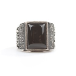 925 Sterling Silver Hand Carved Men's Ring with Onyx - 5