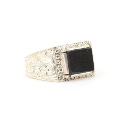 925 Sterling Silver Hand-carved Men's Ring with Onyx - 2