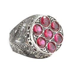 925 Sterling Silver Hand-carved Men's Ring with Synthetic Ruby - Nusrettaki