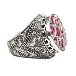 925 Sterling Silver Hand-carved Men's Ring with Synthetic Ruby - 2