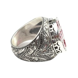 925 Sterling Silver Hand-carved Men's Ring with Synthetic Ruby - 3