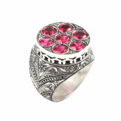 925 Sterling Silver Hand-carved Men's Ring with Synthetic Ruby - 4