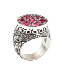 925 Sterling Silver Hand-carved Men's Ring with Synthetic Ruby - 5
