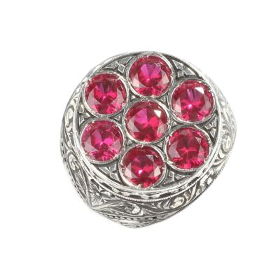 925 Sterling Silver Hand-carved Men's Ring with Synthetic Ruby - 6