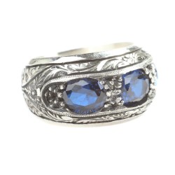 925 Sterling Silver Hand-carved Men's Ring with Synthetic Sapphire - 2