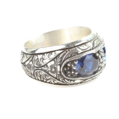 925 Sterling Silver Hand-carved Men's Ring with Synthetic Sapphire - 3