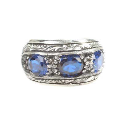 925 Sterling Silver Hand-carved Men's Ring with Synthetic Sapphire - 4