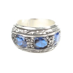 925 Sterling Silver Hand-carved Men's Ring with Synthetic Sapphire - 5