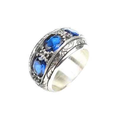 925 Sterling Silver Hand-carved Men's Ring with Synthetic Sapphire - 6