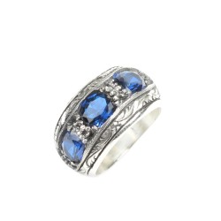 925 Sterling Silver Hand-carved Men's Ring with Synthetic Sapphire - 7