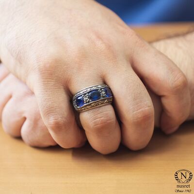 925 Sterling Silver Hand-carved Men's Ring with Synthetic Sapphire - 1