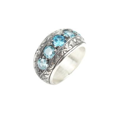 925 Sterling Silver Handcarved 5's Aquamarine Stone Blue Color Man Ring - 3