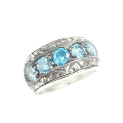 925 Sterling Silver Handcarved 5's Aquamarine Stone Blue Color Man Ring - 5