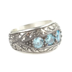 925 Sterling Silver Handcarved 5's Aquamarine Stone Blue Color Man Ring - 2