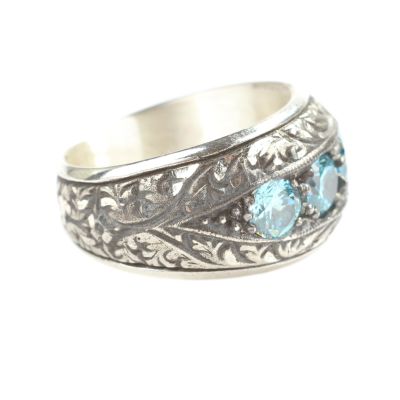 925 Sterling Silver Handcarved 5's Aquamarine Stone Blue Color Man Ring - 6