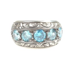 925 Sterling Silver Handcarved 5's Aquamarine Stone Blue Color Man Ring - 7