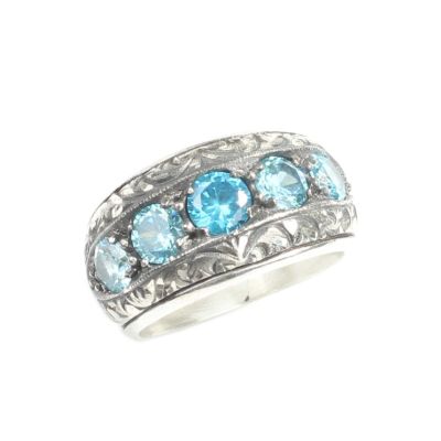 925 Sterling Silver Handcarved 5's Aquamarine Stone Blue Color Man Ring - 8