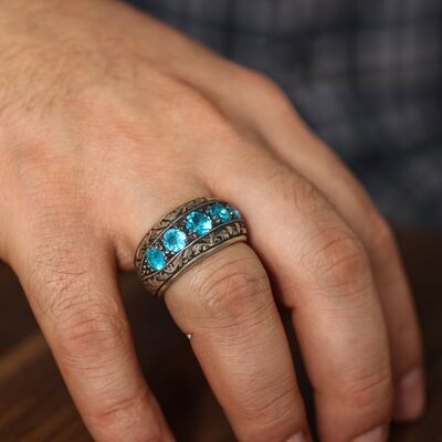 925 Sterling Silver Handcarved 5's Aquamarine Stone Blue Color Man Ring - 1