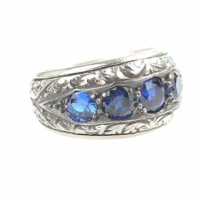 925 Sterling Silver Handcarved 5's Sapphire Stone Man Ring - 1