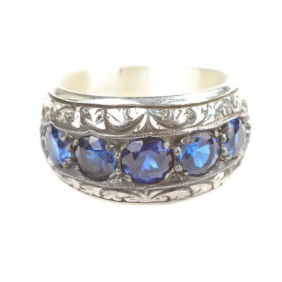 925 Sterling Silver Handcarved 5's Sapphire Stone Man Ring - 3