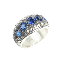 925 Sterling Silver Handcarved 5's Sapphire Stone Man Ring - 4