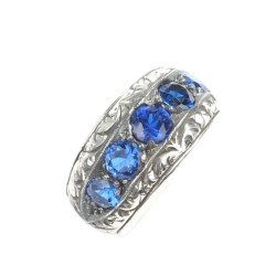 925 Sterling Silver Handcarved 5's Sapphire Stone Man Ring - 5