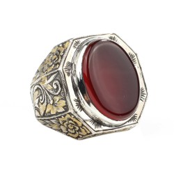 925 Sterling Silver Handcarved Agate Stone Man Ring - 1