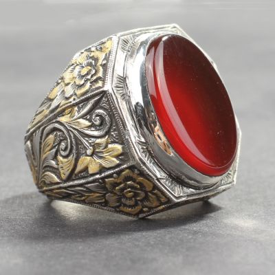925 Sterling Silver Handcarved Agate Stone Man Ring - 4
