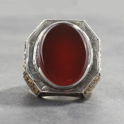 925 Sterling Silver Handcarved Agate Stone Man Ring - 5