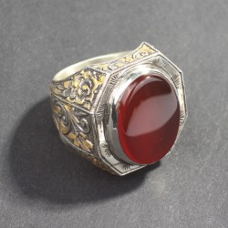 925 Sterling Silver Handcarved Agate Stone Man Ring - 6