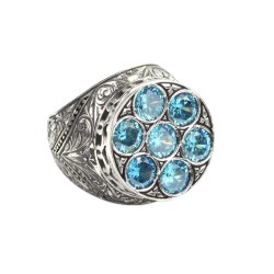 925 Sterling Silver Handcarved Antique Column Design 7's Aquamarine Stone Man Ring - Nusrettaki (1)