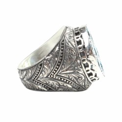925 Sterling Silver Handcarved Antique Column Design 7's Aquamarine Stone Man Ring - 3
