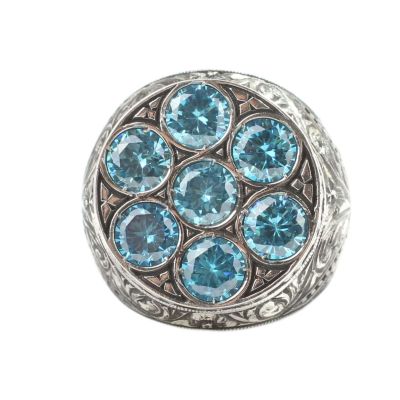 925 Sterling Silver Handcarved Antique Column Design 7's Aquamarine Stone Man Ring - 4