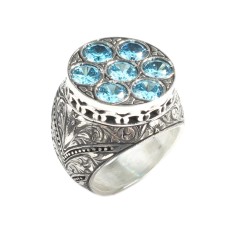 925 Sterling Silver Handcarved Antique Column Design 7's Aquamarine Stone Man Ring - 5