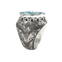 925 Sterling Silver Handcarved Antique Column Design 7's Aquamarine Stone Man Ring - 6
