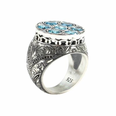 925 Sterling Silver Handcarved Antique Column Design 7's Aquamarine Stone Man Ring - 7