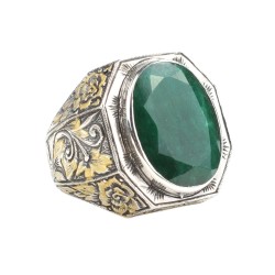 925 Sterling Silver Handcarved Emerald Cutting Stone Man Ring - Nusrettaki