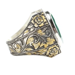 925 Sterling Silver Handcarved Emerald Cutting Stone Man Ring - 2