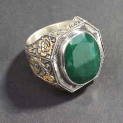 925 Sterling Silver Handcarved Emerald Cutting Stone Man Ring - 3