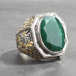 925 Sterling Silver Handcarved Emerald Cutting Stone Man Ring - 4